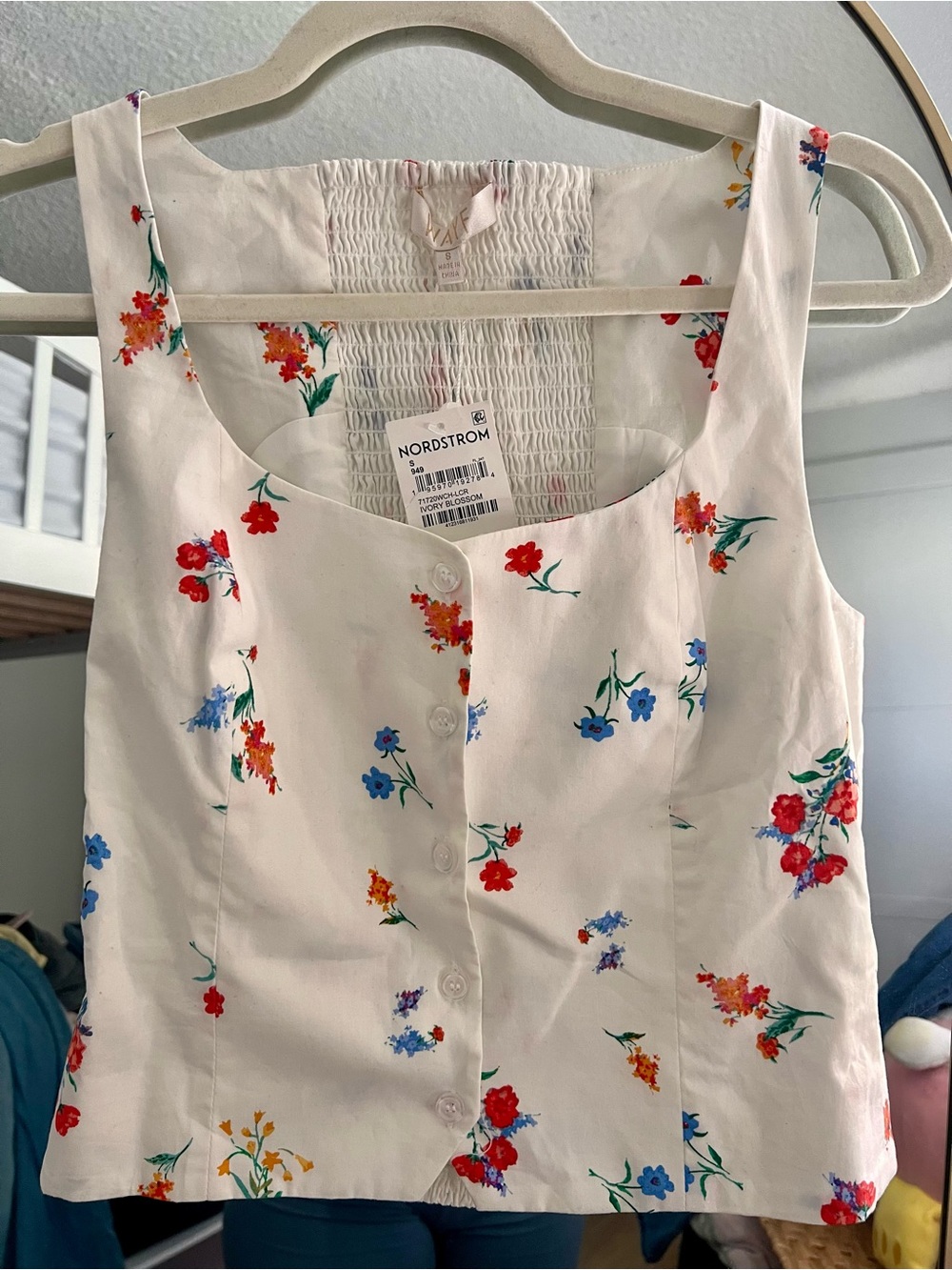 Sage Floral Button-up Stretch Cotton Tank In Ivory Blossom